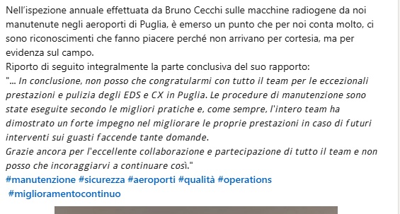Post LinkedIn di Aeroporti di Puglia con referenza sull’attività di manutenzione