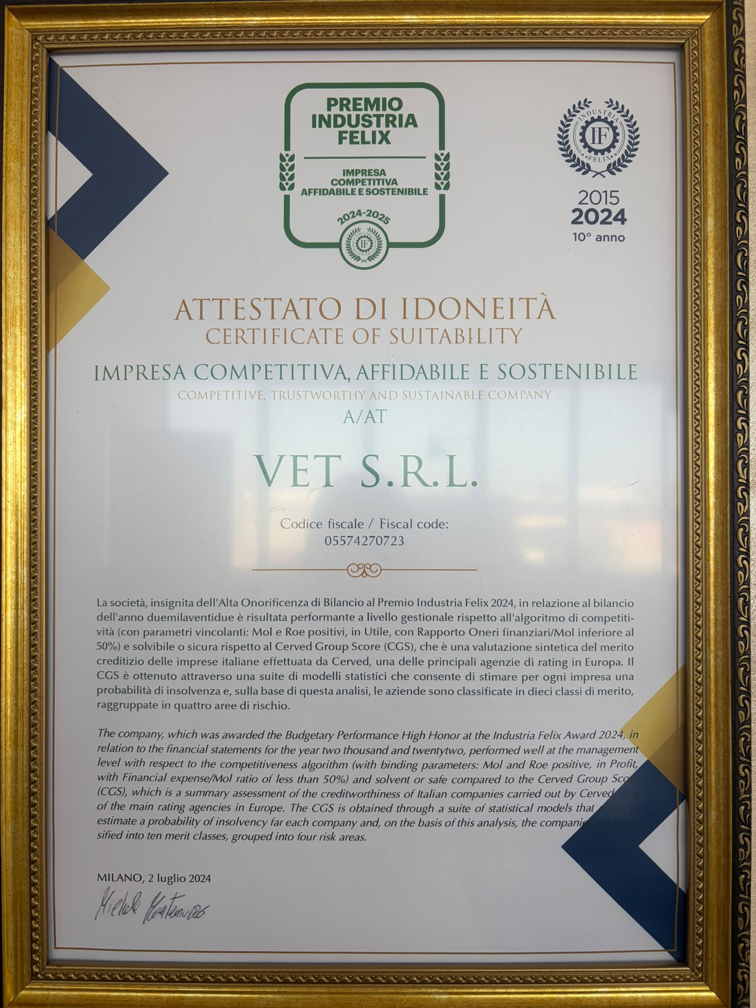 Impresa competitiva, affidabile e sostenibile 2024 conferito a VET S.r.l.
