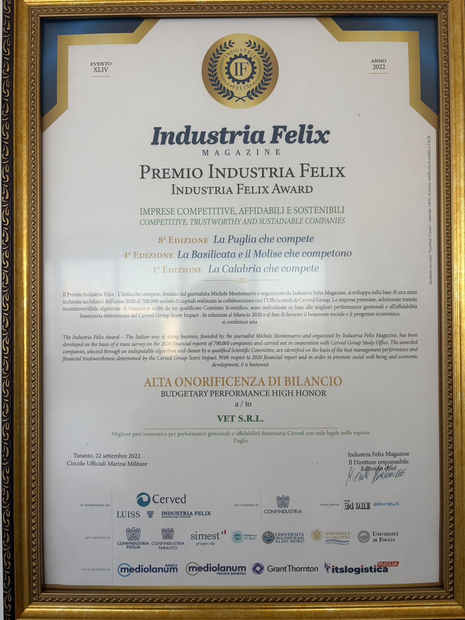 Premio Industria Felix 2022 conferito a VET S.r.l.