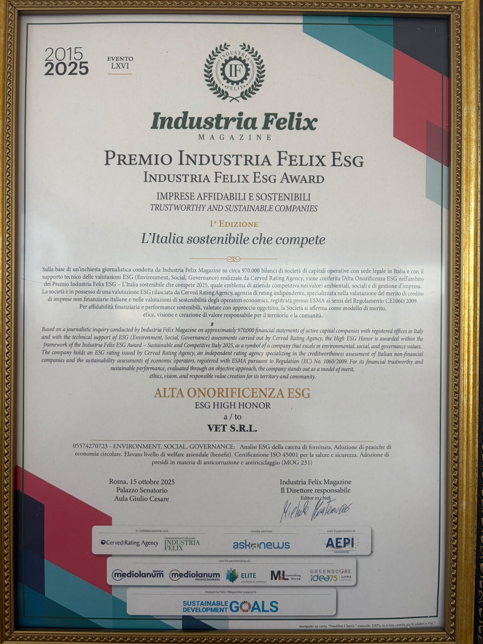 Premio Industria Felix ESG 2025 conferito a VET S.r.l.