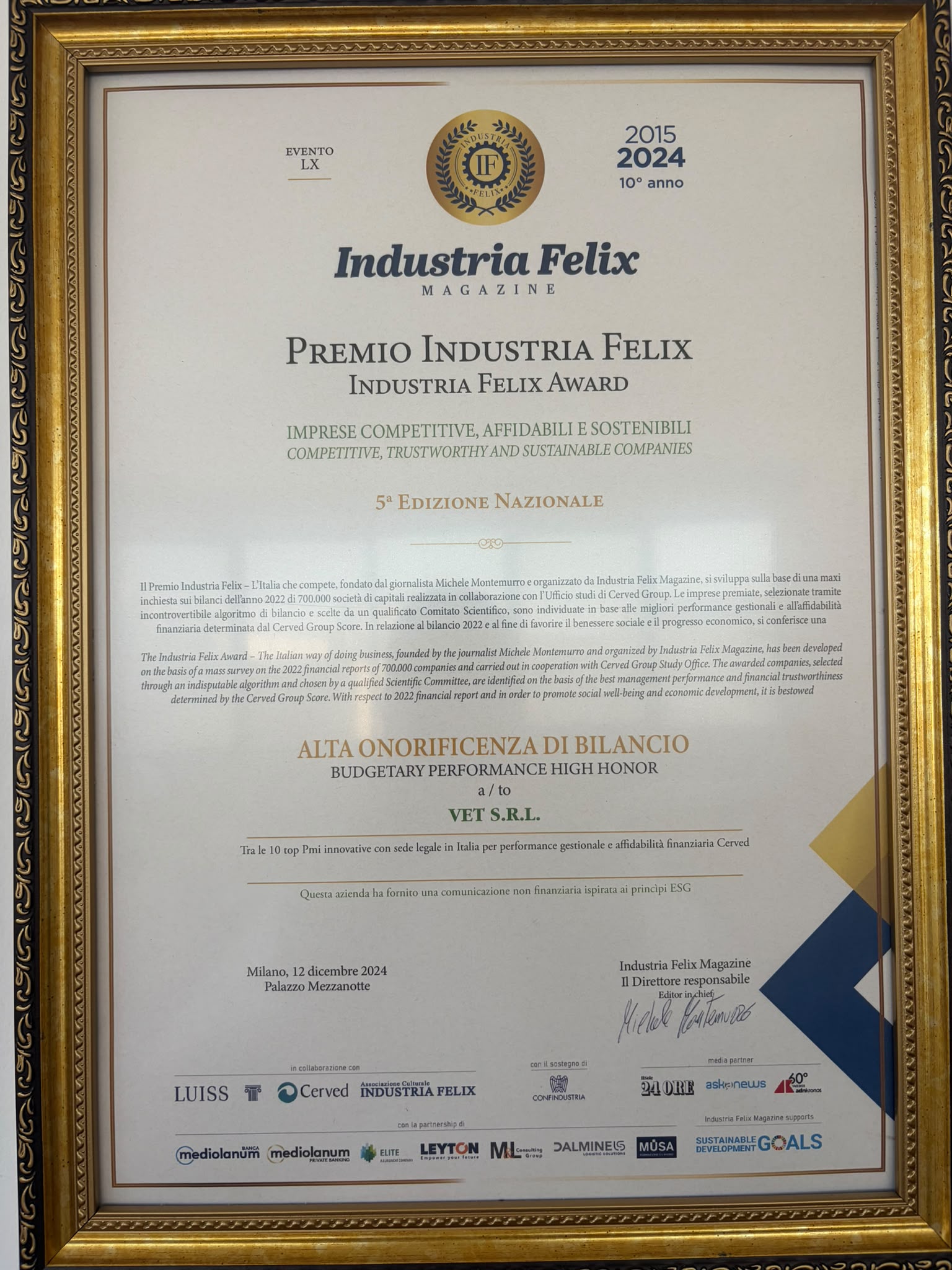 Premio Industria Felix 2024 conferito a VET S.r.l.