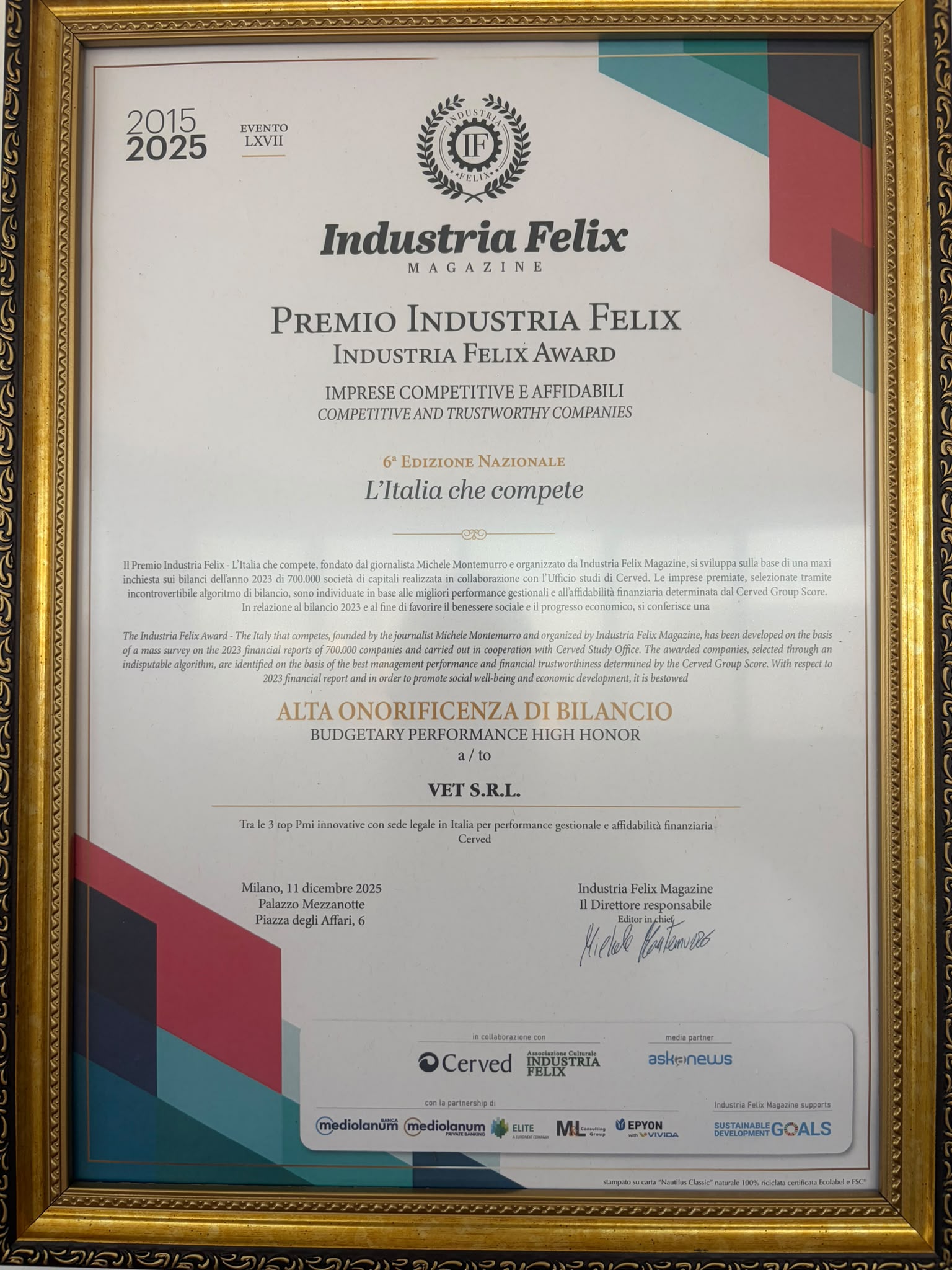 Premio Industria Felix 2025 conferito a VET S.r.l.