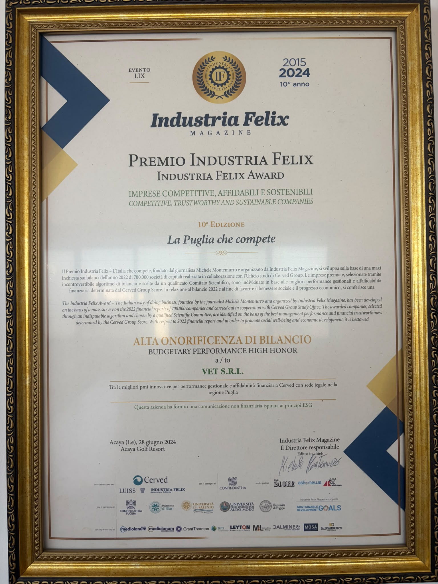 Premio Industria Felix — Puglia 2024 conferito a VET S.r.l.