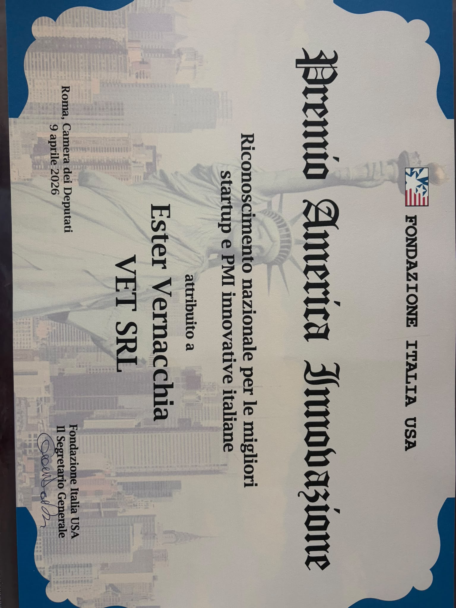 Premio America Innovazione 2026 conferito a VET S.r.l.